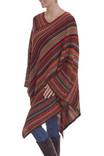 Load image into Gallery viewer, Red and Multi-Color Striped Acrylic Knit Poncho - Rivers of Red | NOVICA