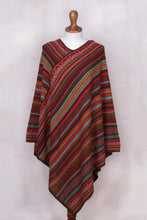 Load image into Gallery viewer, Red and Multi-Color Striped Acrylic Knit Poncho - Rivers of Red | NOVICA