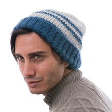 Load image into Gallery viewer, Peruvian Men's Blue and Grey Striped Alpaca Blend Hat - Winter's Embrace in Blue | NOVICA