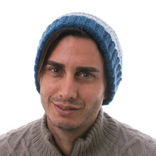 Load image into Gallery viewer, Peruvian Men's Blue and Grey Striped Alpaca Blend Hat - Winter's Embrace in Blue | NOVICA
