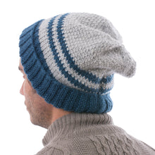Load image into Gallery viewer, Peruvian Men's Blue and Grey Striped Alpaca Blend Hat - Winter's Embrace in Blue | NOVICA