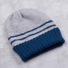 Load image into Gallery viewer, Peruvian Men's Blue and Grey Striped Alpaca Blend Hat - Winter's Embrace in Blue | NOVICA