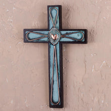 Load image into Gallery viewer, Bronze and Copper Wooden Wall Cross with Sacred Heart Motif - Divine Heart | NOVICA