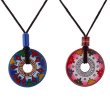 Load image into Gallery viewer, Hand Painted Pink and Blue Ceramic Pendant Necklaces (pair) - You and I | NOVICA
