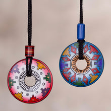 Load image into Gallery viewer, Hand Painted Pink and Blue Ceramic Pendant Necklaces (pair) - You and I | NOVICA
