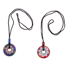 Load image into Gallery viewer, Hand Painted Pink and Blue Ceramic Pendant Necklaces (pair) - You and I | NOVICA