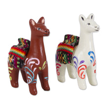Load image into Gallery viewer, Hand Crafted Ceramic Standing Brown and White Llamas (Pair) - At the Ready | NOVICA