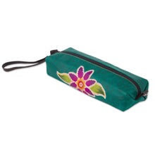 Load image into Gallery viewer, Green Leather Makeup Case with Hand Painted Flower - Cusco Flower | NOVICA