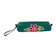 Load image into Gallery viewer, Green Leather Makeup Case with Hand Painted Flower - Cusco Flower | NOVICA