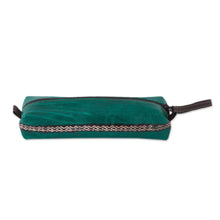 Load image into Gallery viewer, Green Leather Makeup Case with Hand Painted Flower - Cusco Flower | NOVICA