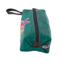 Load image into Gallery viewer, Green Leather Makeup Case with Hand Painted Flower - Cusco Flower | NOVICA