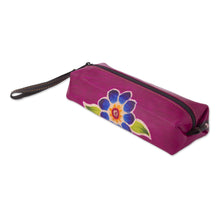 Load image into Gallery viewer, Magenta Leather Pencil Case with Hand Painted Flower - Cusco Bloom | NOVICA