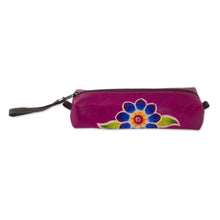 Load image into Gallery viewer, Magenta Leather Pencil Case with Hand Painted Flower - Cusco Bloom | NOVICA
