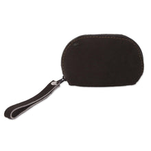 Load image into Gallery viewer, Black Suede Leather Coin Purse, Yellow Butterfly Appliqué - Butterfly Flight | NOVICA