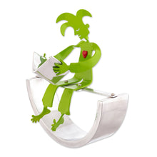 Load image into Gallery viewer, Harlequin Loves Reading Green Aluminum Handcrafted Sculpture - Good Read | NOVICA
