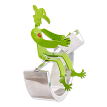 Load image into Gallery viewer, Harlequin Loves Reading Green Aluminum Handcrafted Sculpture - Good Read | NOVICA
