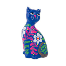Load image into Gallery viewer, Peruvian Artisan Crafted Floral Ceramic Cat Figurine in Blue - Sweet Cat in Blue | NOVICA