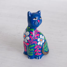 Load image into Gallery viewer, Peruvian Artisan Crafted Floral Ceramic Cat Figurine in Blue - Sweet Cat in Blue | NOVICA