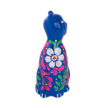 Load image into Gallery viewer, Peruvian Artisan Crafted Floral Ceramic Cat Figurine in Blue - Sweet Cat in Blue | NOVICA
