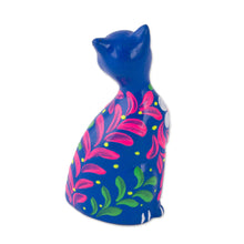 Load image into Gallery viewer, Peruvian Artisan Crafted Floral Ceramic Cat Figurine in Blue - Sweet Cat in Blue | NOVICA
