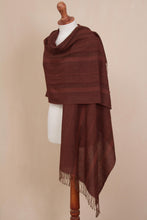 Load image into Gallery viewer, Chestnut and Maroon Subtle Patterns Alpaca Blend Woven Shawl - Subtle Current | NOVICA
