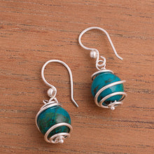 Load image into Gallery viewer, Spiral Motif Chrysocolla Dangle Earrings from Peru - Planetary Spirals | NOVICA
