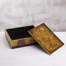 Load image into Gallery viewer, Golden World Map Reverse Painted Glass Wood Decorative Box - Cartographer's Treasure | NOVICA