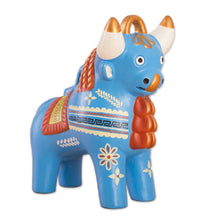 Load image into Gallery viewer, Cream-Hued Ceramic Pucara Bull Figurine from Peru - Festive Pucara Bull in Blue | NOVICA