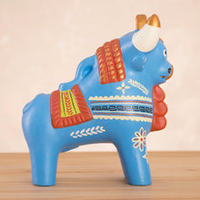 Load image into Gallery viewer, Cream-Hued Ceramic Pucara Bull Figurine from Peru - Festive Pucara Bull in Blue | NOVICA