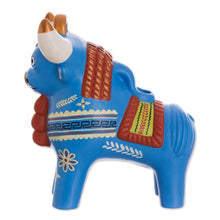 Load image into Gallery viewer, Cream-Hued Ceramic Pucara Bull Figurine from Peru - Festive Pucara Bull in Blue | NOVICA
