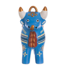 Load image into Gallery viewer, Cream-Hued Ceramic Pucara Bull Figurine from Peru - Festive Pucara Bull in Blue | NOVICA