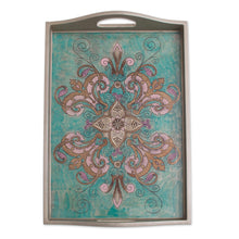 Load image into Gallery viewer, Floral Reverse-Painted Glass Tray from Peru - Enchanting Flowers in Teal | NOVICA