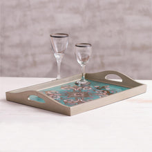 Load image into Gallery viewer, Floral Reverse-Painted Glass Tray from Peru - Enchanting Flowers in Teal | NOVICA