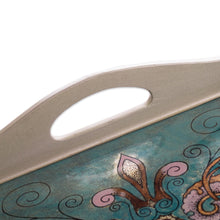 Load image into Gallery viewer, Floral Reverse-Painted Glass Tray from Peru - Enchanting Flowers in Teal | NOVICA