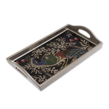 Load image into Gallery viewer, Reverse-Painted Glass Peacock Tray in Silver (12 in.) - Peacock Charm in Silver | NOVICA