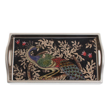 Load image into Gallery viewer, Reverse-Painted Glass Peacock Tray in Silver (12 in.) - Peacock Charm in Silver | NOVICA