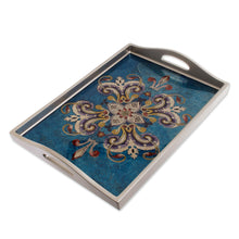 Load image into Gallery viewer, Floral Reverse-Painted Glass Tray in Blue from Peru - Enchanting Flowers in Blue | NOVICA