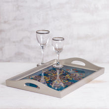 Load image into Gallery viewer, Floral Reverse-Painted Glass Tray in Blue from Peru - Enchanting Flowers in Blue | NOVICA