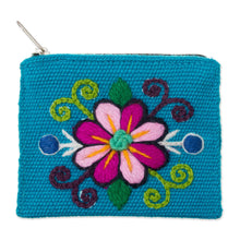 Load image into Gallery viewer, Embroidered Floral Turquoise Coin Purse - Floral Keeper in Turquoise | NOVICA
