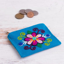 Load image into Gallery viewer, Embroidered Floral Turquoise Coin Purse - Floral Keeper in Turquoise | NOVICA