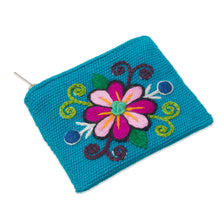 Load image into Gallery viewer, Embroidered Floral Turquoise Coin Purse - Floral Keeper in Turquoise | NOVICA