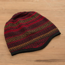 Load image into Gallery viewer, Red and Multicolored Alpaca Blend Knit Hat from Peru - Diamond Warmth | NOVICA