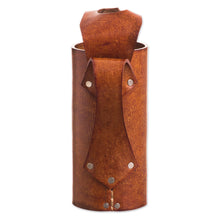 Load image into Gallery viewer, Leather Fleur de Lis Wine Carrier from Peru - Fleur de Lis | NOVICA