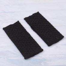 Load image into Gallery viewer, Patterned 100% Baby Alpaca Fingerless Mitts in Black - Passionate Pattern in Black | NOVICA