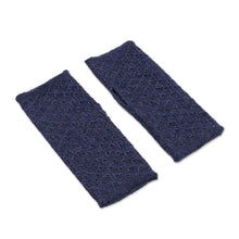 Load image into Gallery viewer, Patterned 100% Baby Alpaca Fingerless Mitts from Peru - Passionate Pattern in Indigo | NOVICA