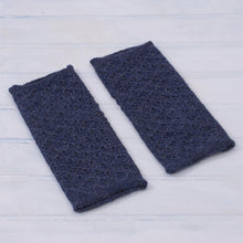 Load image into Gallery viewer, Patterned 100% Baby Alpaca Fingerless Mitts from Peru - Passionate Pattern in Indigo | NOVICA