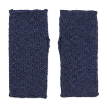 Load image into Gallery viewer, Patterned 100% Baby Alpaca Fingerless Mitts from Peru - Passionate Pattern in Indigo | NOVICA