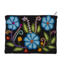 Load image into Gallery viewer, Blue Floral Embroidered Wool Clutch from Peru - Floral Nature | NOVICA