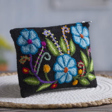 Load image into Gallery viewer, Blue Floral Embroidered Wool Clutch from Peru - Floral Nature | NOVICA