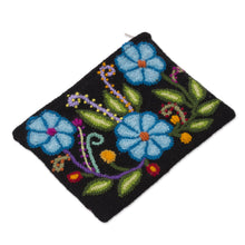 Load image into Gallery viewer, Blue Floral Embroidered Wool Clutch from Peru - Floral Nature | NOVICA